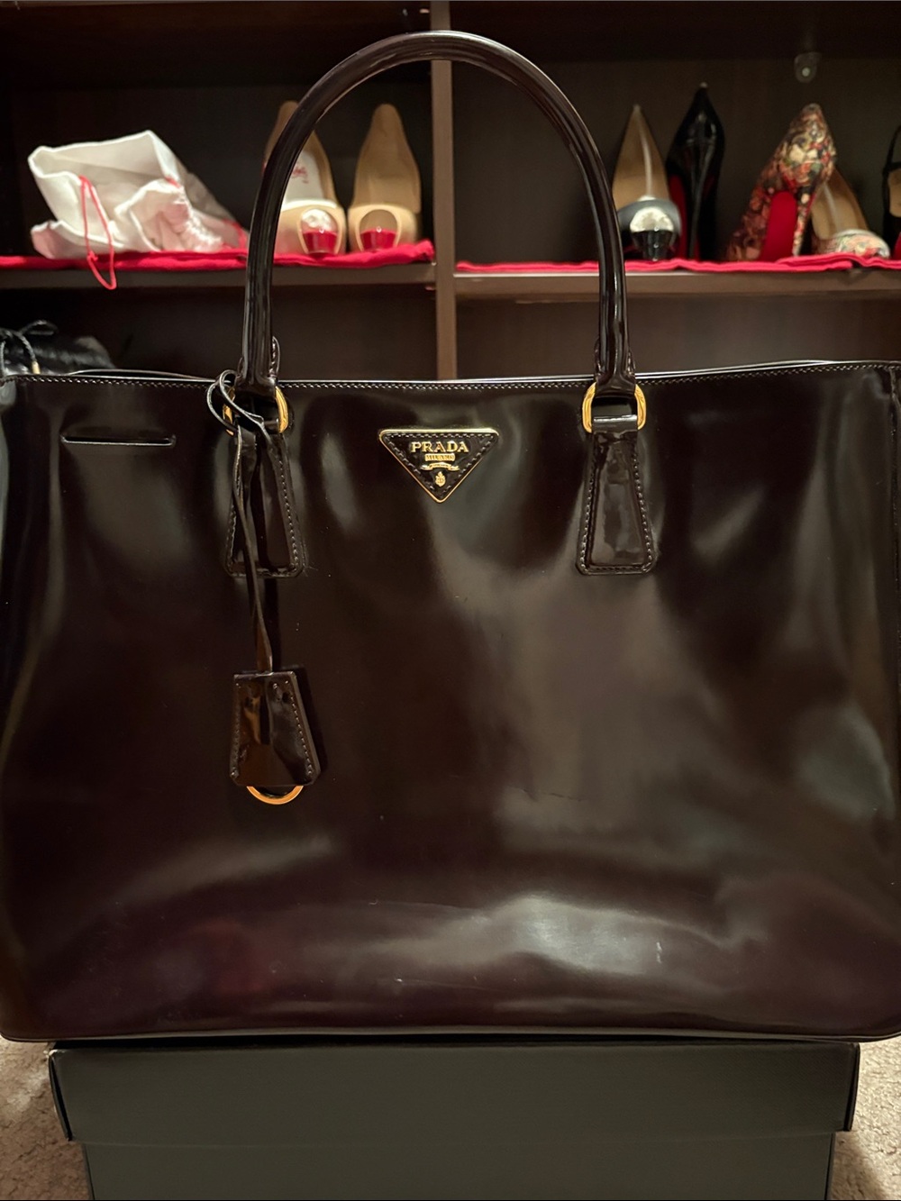 Prada Glossy Patent Leather Tote in Deep Brown with Gold Hardware